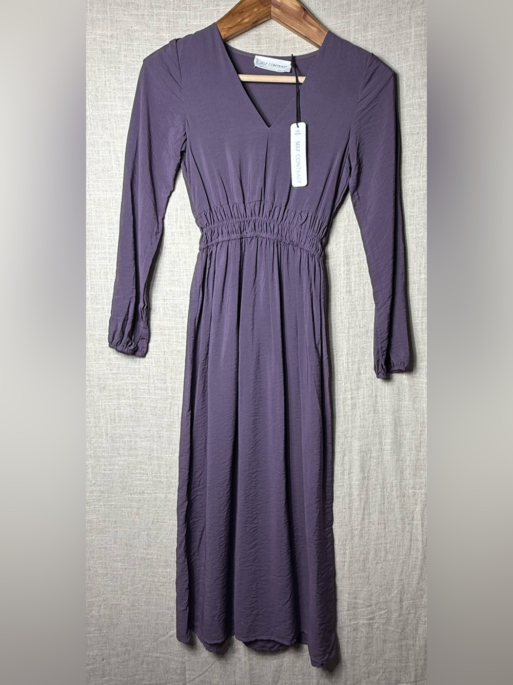 NWT Self Contrast Arabella Smocked Waist V-Neck Long Sleeve Midi Dress Plum XS